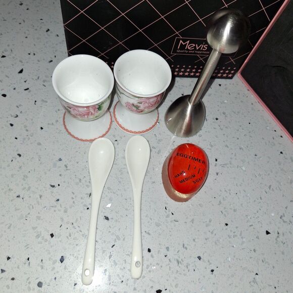 Mevis Line Boiled Eggs Cups Set Cups Timer Spoons Egg Topper Cracker - Picture 5 of 10